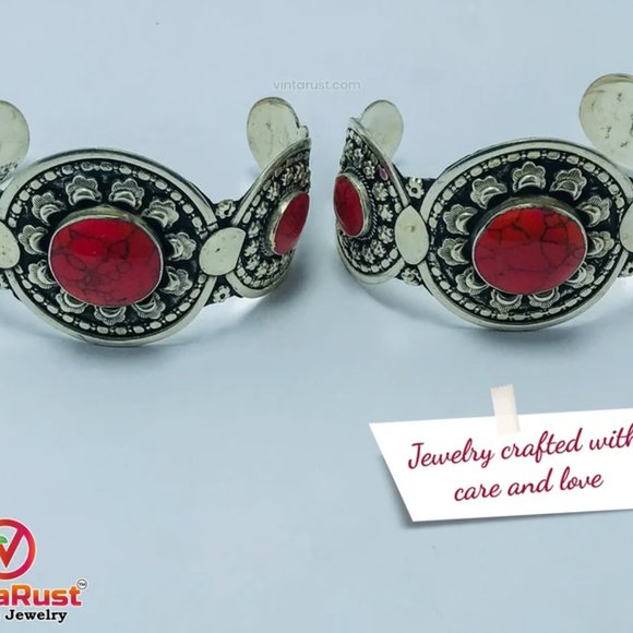 Single Afghan Coral Stone Cuff Bracelet: Antique Kuchi Tribal Jewelry - Picture 1 of 7